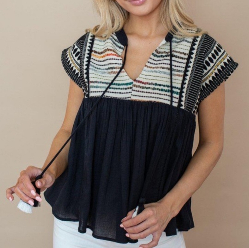 THML Black Peasant Top with Ivory Multicolor Embroidered Yoke